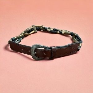 The Limited Boho Leather Belt with Antique Gold Black Silver Beads Women's Small
